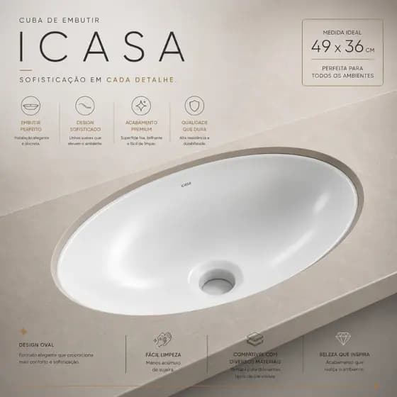 CUBA PIA DE EMBUTIR OVAL ICASA BRANCA 49x36CM IL6000