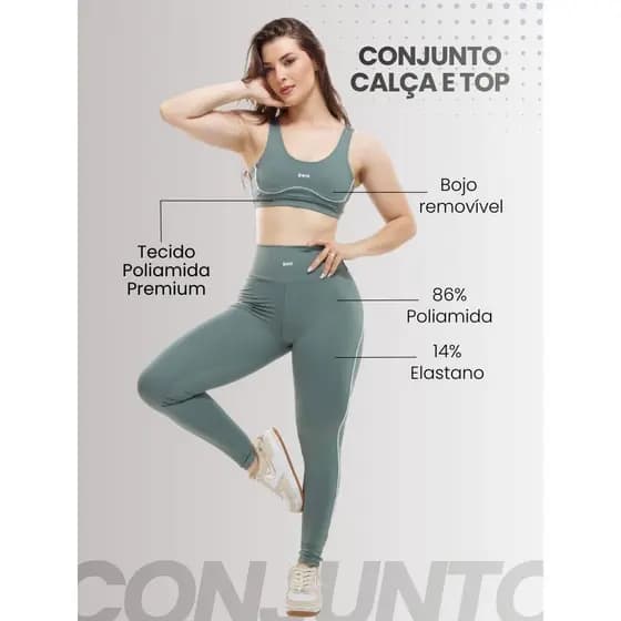 Conjunto Fitness Feminino Cintura Alta + Top com Bojo Zero Transparência Academia Treino Modelador