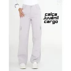 Calça Cargo Feminina Juvenil  Cintura Alta  Wide Leg Reta com  Bolsos Laterais Moda  Feminina Casual