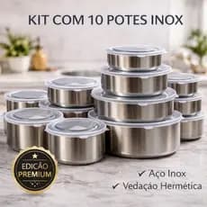Kit 10 Potes Inox Herméticos com Tampa Aço Inoxidável Redondo Vedação Hermética Premium