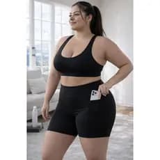 Conjunto Fitness Feminino Plus Size Cintura Alta Short com Bolso Suplex Compressão Academia G1 ao G3