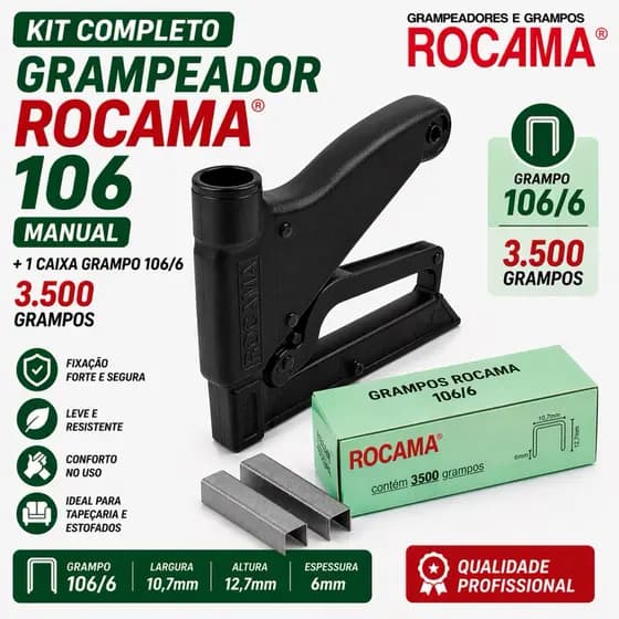 Grampeador Rocama 106 Manual + 3.500 Grampos 106/6 Galvanizado Kit Tapeceiro Estofaria Artesanato