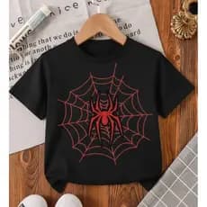 Camiseta Infantil Unissex Aranha Teia de Manga Curta Casual de Verão com Estampa de Aranha 100%Algodão