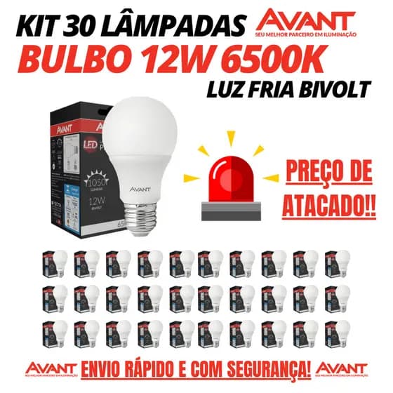 Kit 30 Lâmpadas Led Bulbo 12w Bivolt 6500k Branco Frio E27 Avant