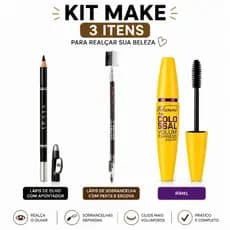 Kit Maquiagem 3 Itens – Lápis de Olho com Apontador + Lápis de Sobrancelha com Pente e Escovinha + Rímel Volumizador