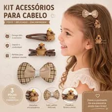 Kit Acessórios de Cabelo Capivara 3 Peças – Presilhas Infantil + Laço Xadrez Fofo Antiderrapante