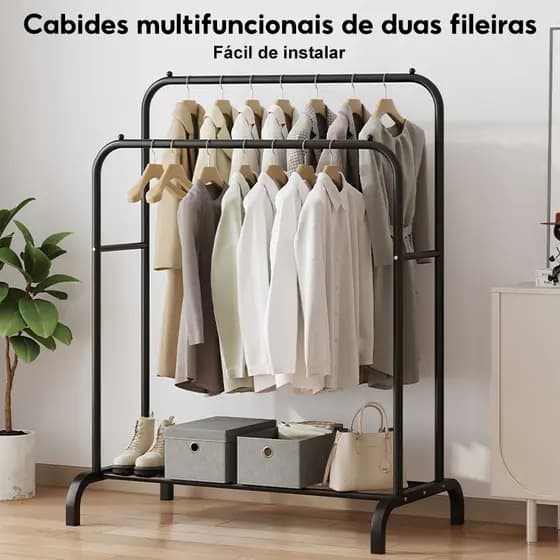 Arara de Roupas Piso De Camada Dupla Organização Guarda Roupa Suporta Pendurar Roupas e Secar Itens Pequenos