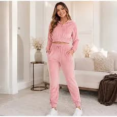 Conjunto Plush Feminino Premium Veludo - Cropped com Zíper e Calça Jogger - Touca Forrada Inverno
