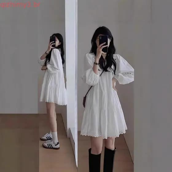 Francês branco manga Puff csa vestido feminino 2025 novo estilo outono pequena manga longa Yunnan viagem Wear