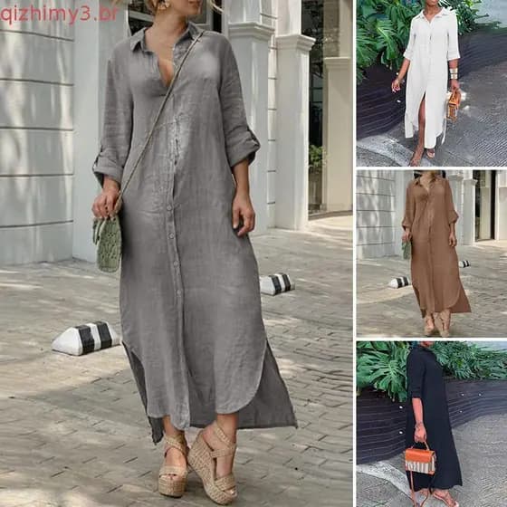 Csa De Linho De Algodão Feminino Vestido Primavera Vintage Botão De Manga Longa Maxi