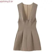 ZA 2026 Novo estilo feminino costura invisível zíper abertura fechamento com decote em V sem mangas vestido curto listra