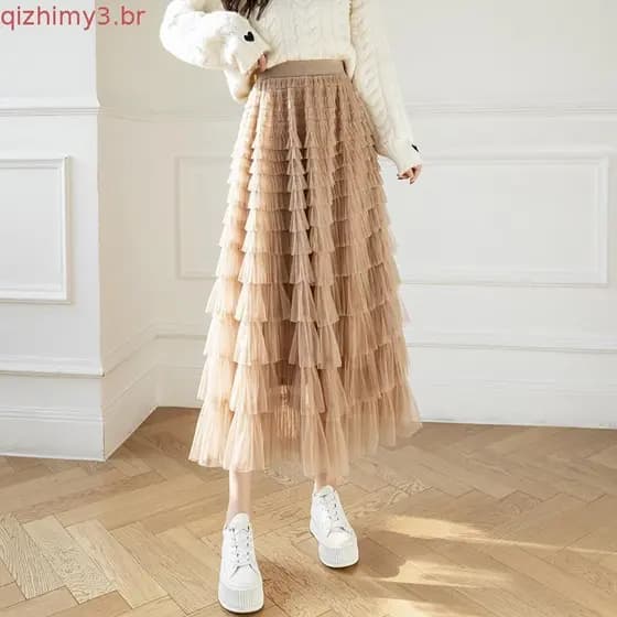 Qooth Outono Coreano Estilo Malha Puffy Cake Saia Longa Elegante Vintage Elástico Cintura Alta Bata De Tule De Gaze QT1