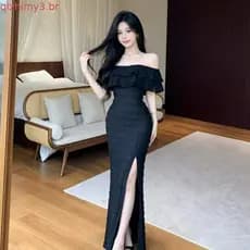Temperamento francês babados vestido de um ombro feminino cintura estreita mais magro olhar Hip saia fenda preta saia lo