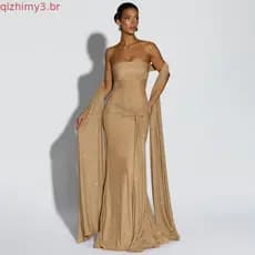Vestido Maxi Feminino Sibybo Tomara que Caia Franzido com Bandagem Brilhante Elegante Ombro a Ombro Sem Costas Justo ao