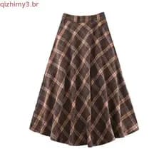 Outono Inverno Saia Xadrez De Lã Feminina Larga Retrô Comprimento Médio Cintura Alta Uma Linha Longa
