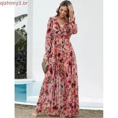 Colwao Manga Longa Europeu E Americano Com Decote Em V Chiffon Floral Vestido De Noite Boêmio Beira-Mar Uma Peça Roupas