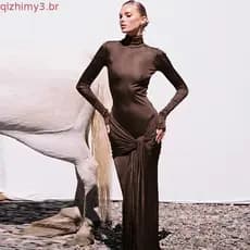 Vestido Longo Slim Fit De Manga Comprida Elegante Com Alça Patchwork De Cor Sólida Para Mulheres