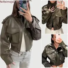Jaquetas de Couro Cropped Femininas da Moda, Gola Alta, Bolsos com Zíper, Manga Longa, Casacos, Outono 2025, Estilo Loco