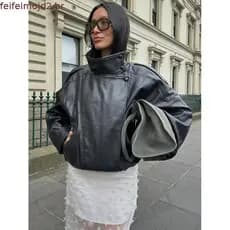 Mulheres Outono Moda Jaquetas Assimétrica Botão Bolso Mangas Compridas Preto Solto Zíper Femininas Casacos De Rua Alta