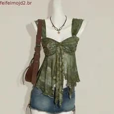Csola verão senhoras moda Retro Mori estilo Halter volta plissado onda bainha pequena manga voadora colete