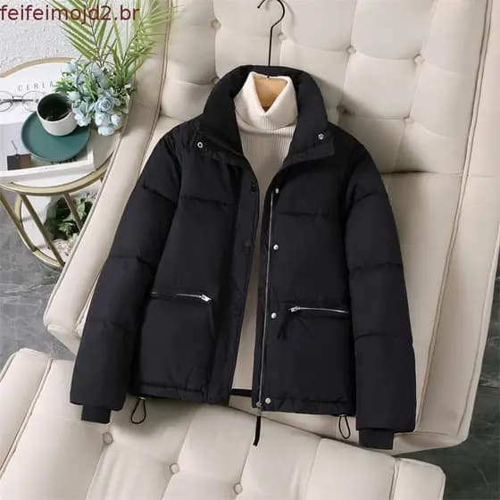 Inverno Algodão Acolchoado Jaqueta Grosso Solto Gola Zíper Casaco Feminino Roupas De Parkas Outwear