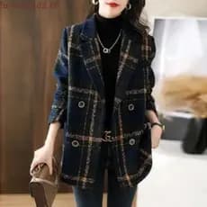 Plus Size feminino outono inverno moda estilo coreano mais magro olhar Retro xadrez jaqueta de lã senhoras topo xadrez b