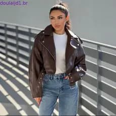 Jaqueta curta de couro PU feminina jaqueta de motocicleta retrô lapela Slim fit jaqueta combinada