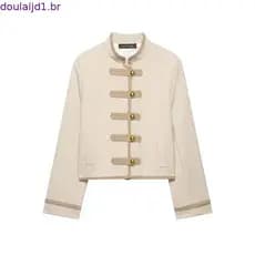 Jaqueta Vintage com Botão TFMLN para Mulheres, Gola Alta, Outono, Nova, Slim, Casual, com Almofada de Ombro, Casaco Curt