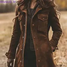 Outono Inverno Vintage Casaco Feminino Turn-Down Colarinho Camurça Marrom Jaqueta Casual Quente Elegante De Comprimento