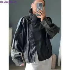 Jaqueta de Couro Sintético HH para Mulheres, Casual, Manga Longa, com Zíper, Nova Moda Streetwear