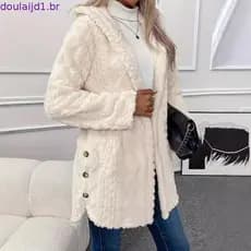 Jaqueta Feminina De Pelúcia Com Capuz Primavera E Outono Casual Cor Sólida Casacos De Manga Comprida