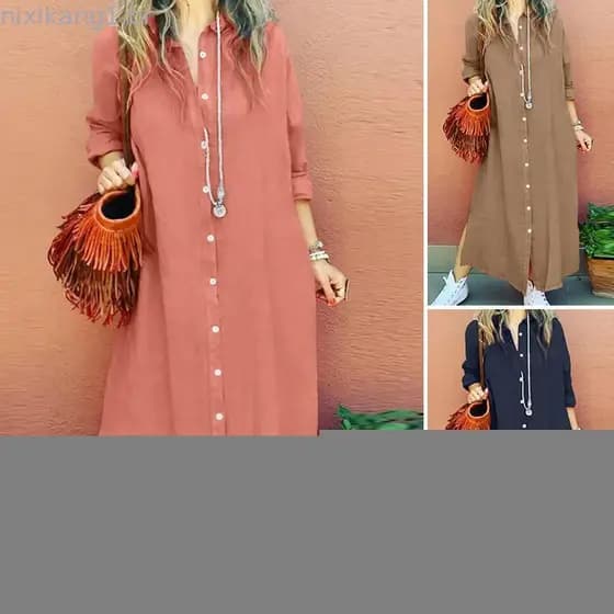 2025 primavera outono novo estilo algodão linho puro vestido feminino simples lapela manga longa csa solta vestido fe