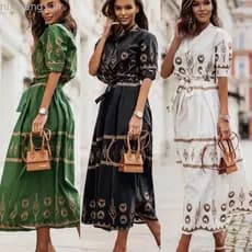 Popular novo estilo impresso csa vestido botão cinto cintura alta Midi saia roupas femininas