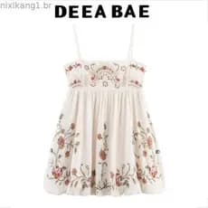 Novo vestido feminino casual de verão 2025, simples e confortável, em algodão francês com bordado de botões e alças.