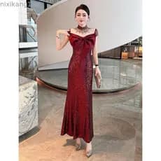 High-end vestido de noite feminino 2025 novo estilo high-end sentimento temperamento bonito vinho vermelho noivado Cheon
