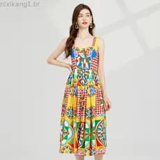 C5HY Vestido floral Amarelo2025vestido Longo Com Estampa Geométrica De Verão Bainha Grande , ApeNa Cintura , Sem Alças