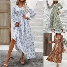 Moda Feminina Europeia e Americana 2026, Vestido Longo Estampado de Primavera, Decote em V, Manga Longa, Vestido Evasê 0
