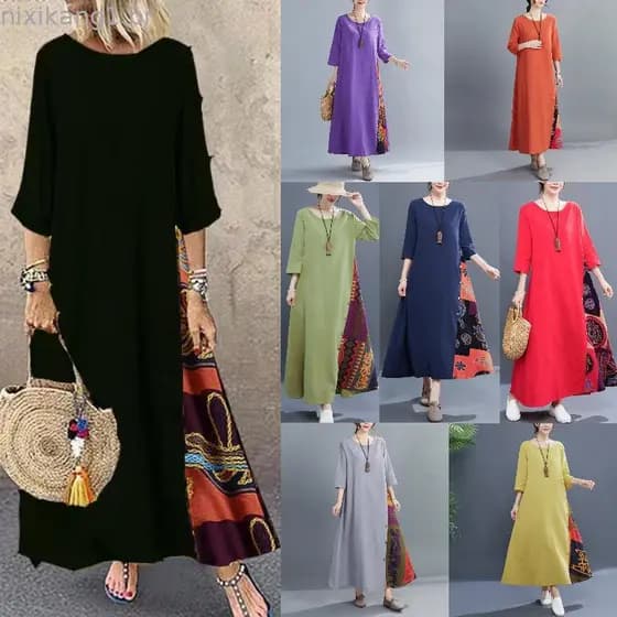 2023 Primavera Retro Flor Botão De Pescoço Redondo Costura Solto Tamanho Grande Vestido Longo Feminino