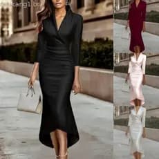 Novo Vestido Longo Elegante de Cetim com Decote em V e Manga Longa em Cor Sólida, Vestido Luxuoso de Estilo Ocidental pa