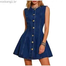 Bolso botão medição novo estilo roupas femininas 2026 europeu americano lavado sem mangas vestido jeans dois ajuste fino