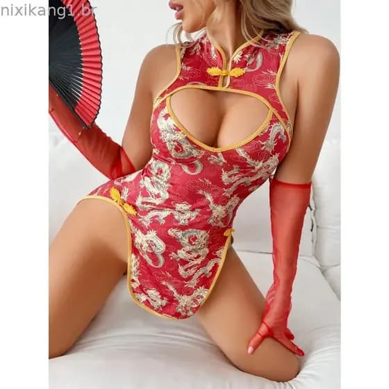 Bonito Uniforme Cozinha Empregada Tecelagem Brocado Cheongsam Split Volta Perspectiva Tentação Emagrecimento Retro
