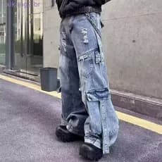 HUHarmonv Calça Jeans Cargo Estilo Americano De Cintura Alta Para Mulheres , Primavera 2025 , Novidade , Ajuste Solto Co