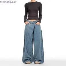 2026 Calças Casuais Largas e Soltas com Efeito Lavado, Estilo Retrô Simples e Moderno, Jeans Azul Steampunk Americano de