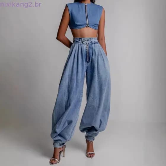 Calça Jeans Elegante , Cintura Alta , Folgada , Cargo , Jogger Para Mulheres , Com Bolsos , Perfeita Uso Casual