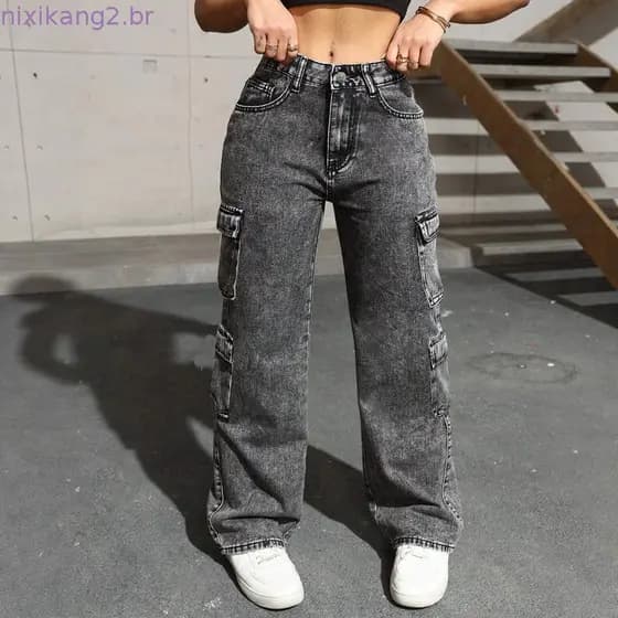 Jeans femininos lavados, tipo calça Irregular, equipado com vários bolsos, adequados para uso juvenil