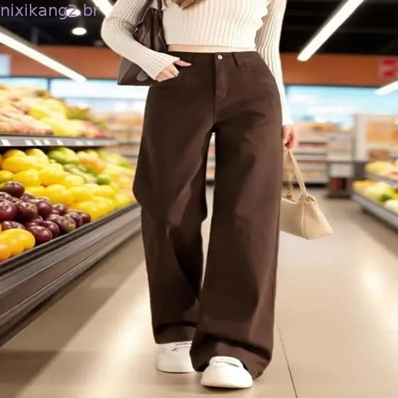 Marrom reto Jeans feminino 2026 primavera verão novo estilo fino cintura alta pequeno estreito marrom calças de perna la