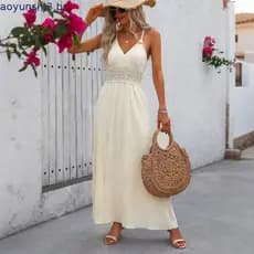 Novidade de Verão 2026, Vestido Tomara-que-caia de Cor Sólida, Vestido Longo Feminino Estilo Praia com Renda e Costas Ab
