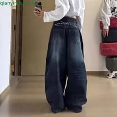 Calças jeans femininas de cintura alta e perna larga com estampa retrô americana, efeito de caimento elegante, calças re