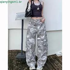 Calças Cargo de Camuflagem para Mulheres, Design de Outono, Calças Soltas de Cintura Alta e Comprimento até o Chão