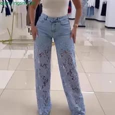 Women Versatile Jeans Casual Pants for Floral Lace Patchwork Wide Leg Denim for Trendy with Mid Waist and Hollow Out Des